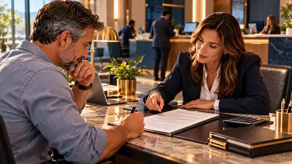 Customer reviewing a credit card agreement across a financial consultation desk.