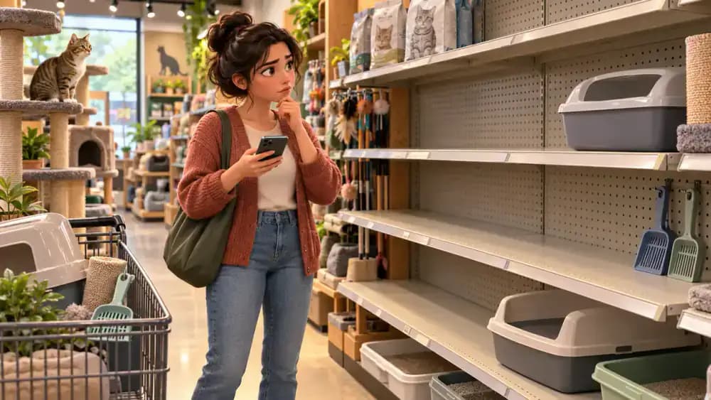 Pet supply store with an empty shelf for a preferred cat litter product, an owner checking saved packaging details on a smartphone, and a home storage area containing backup litter alongside an illustration of gradual litter introduction.
