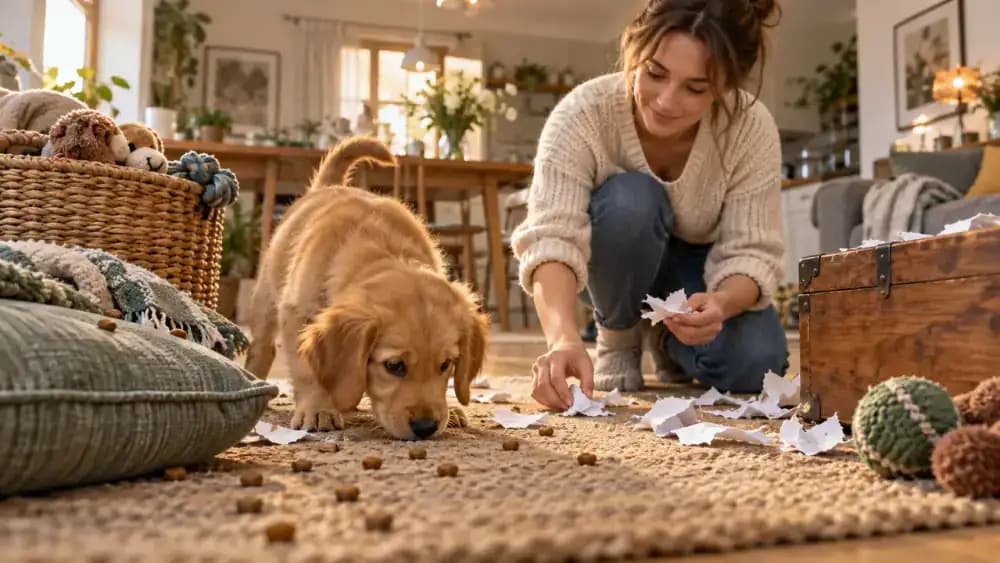 Senior dog searching for nearby food hides on a non-slip runner