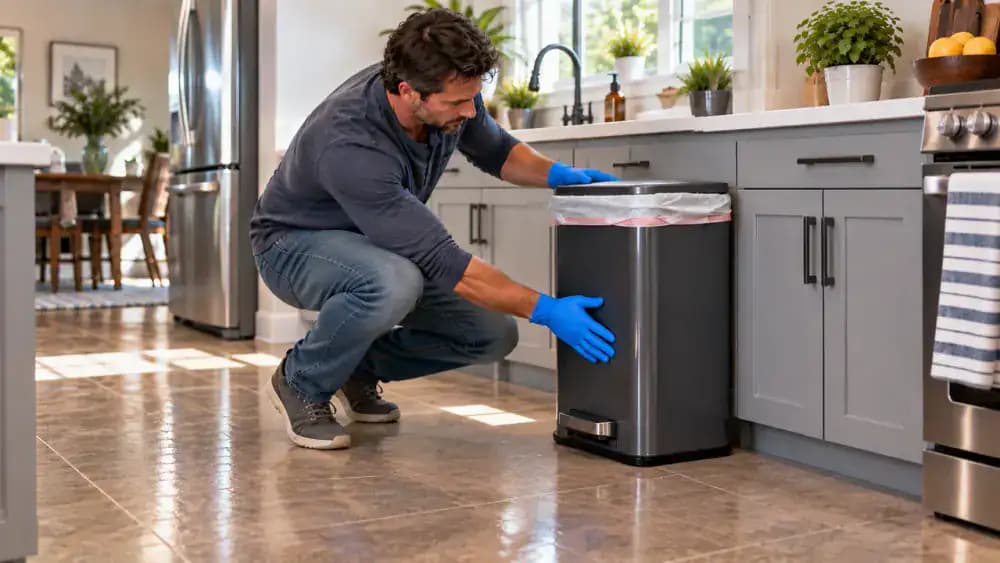Gloved person checking the trash bag liner around the rim of a kitchen trash can to make sure it stays securely anchored during use.