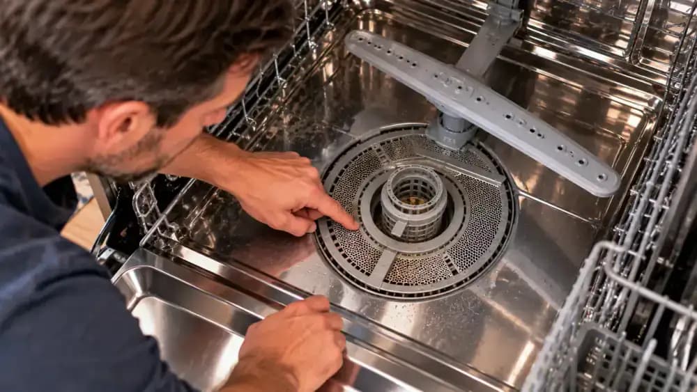 Top-down view of an adult marking a recurring dishwasher filter check on a kitchen calendar, then inspecting the secured filter inside an empty lower dishwasher tub for crumbs and grease.