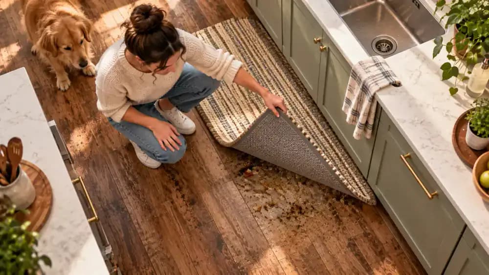 Person spot-cleaning a greasy smudge on vinyl plank kitchen flooring with a microfiber cloth near the refrigerator, focusing on a high-traffic walkway between kitchen appliances.