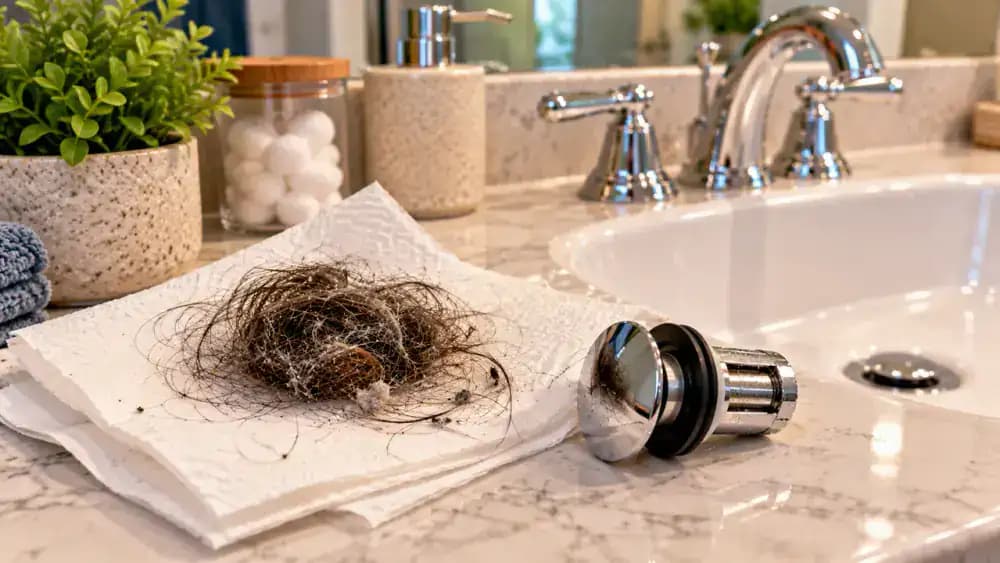 Homeowner using a folded paper towel to collect loose hair strands from a dry white porcelain bathroom sink near a closed chrome pop-up stopper, with a lined trash can beside the vanity.