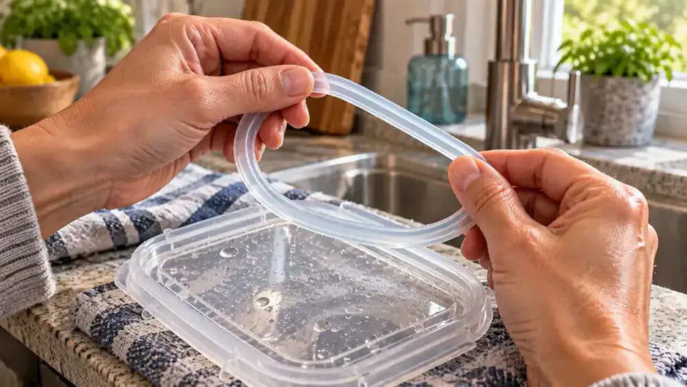 Hands sorting transparent plastic food storage containers on a natural oak countertop with a terracotta backsplash, keeping an intact container with orange tomato stains on a folded white towel while placing cracked, warped, permanently sticky, and torn-gasket examples into a separate damaged-item t