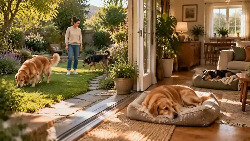 Owner supervising two dogs exploring separate areas of a garden after individual walks, then guiding each dog toward its own resting space while both remain relaxed.