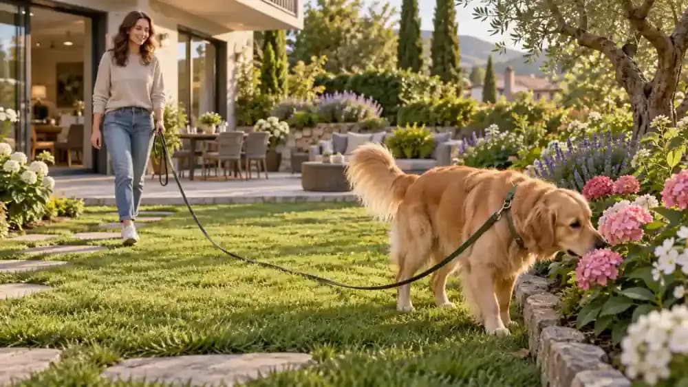 Owner calmly approaching a distracted golden retriever sniffing near a flowerbed with a slack training line