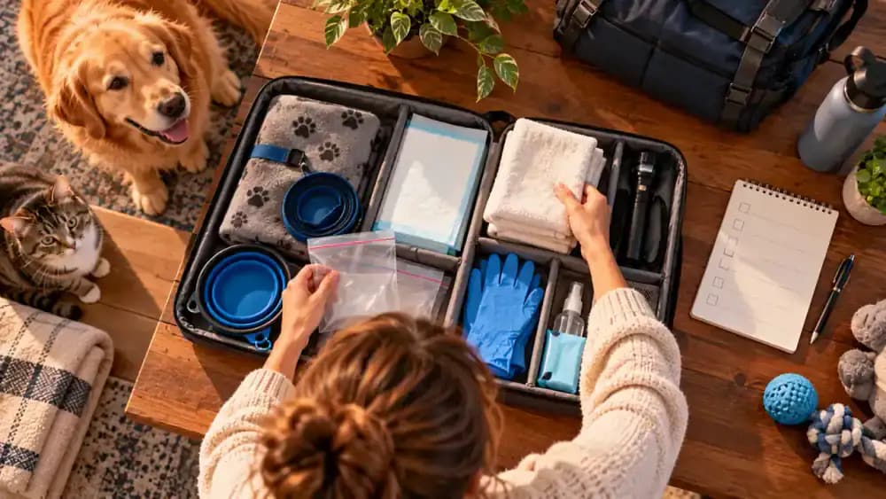 Overhead view of disposable gloves, absorbent towels, a compact flashlight, sealable waste bags, and a laminated hotel room inspection checklist being packed into a zippered travel organizer and placed in an outer suitcase compartment.