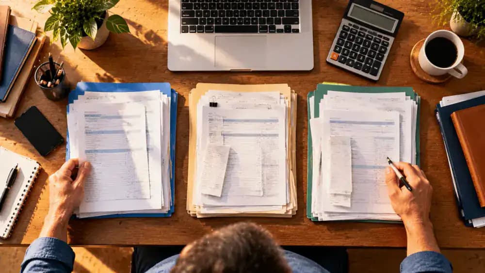 Three organized groups of tax documents beside a laptop and calculator.