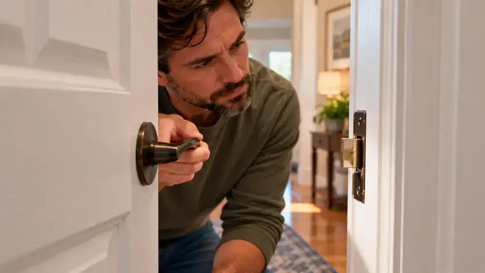 Close-up of a homeowner using a manual Phillips-head screwdriver to tighten the upper screw of a brushed nickel door strike plate on a white painted wooden door jamb, with the interior door fully open.