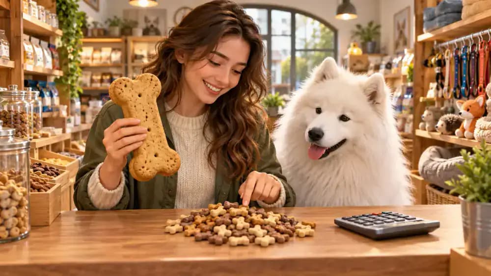 Samoyed sitting beside its owner in a bright pet supply store as the owner compares dog treat packages, a large biscuit, miniature soft treats, and a cost calculation sheet.