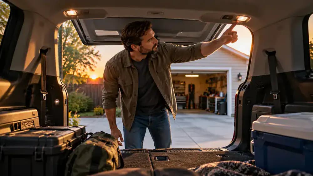 Driver switching off the headlights and cabin lights, shutting down accessories, and closing the liftgate of a parked American compact SUV in a suburban driveway.
