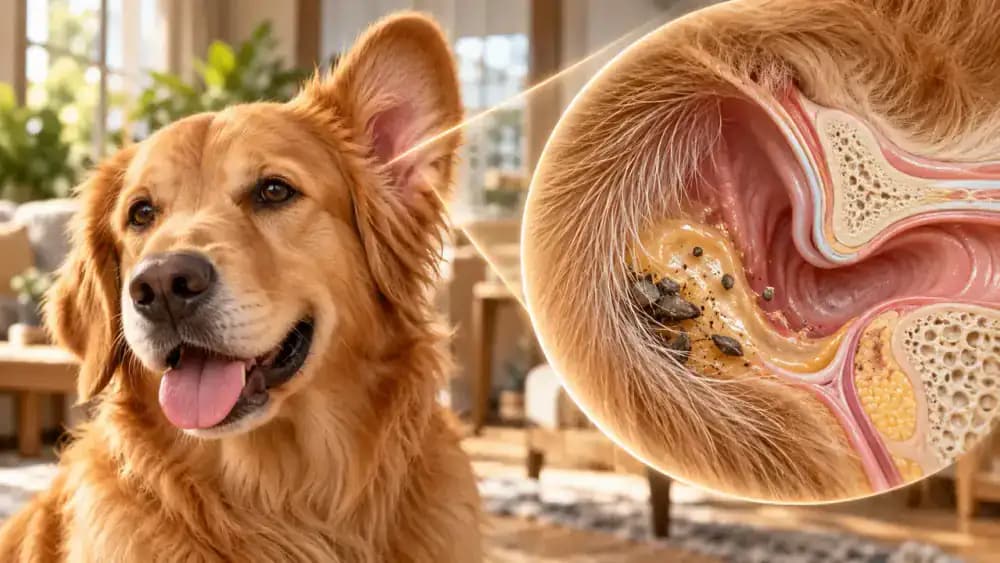 Educational illustration of a canine outer ear showing a thin protective layer of wax trapping small particles near the entrance, followed by a relaxed dog with naturally clean-looking ears.