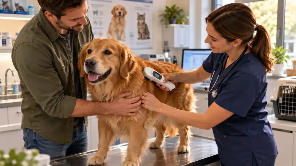 Veterinarian scanning a calm dog's microchip at a veterinary clinic, followed by an owner updating registration information online, checking an identification tag on a fitted collar, and saving emergency contacts on a smartphone.