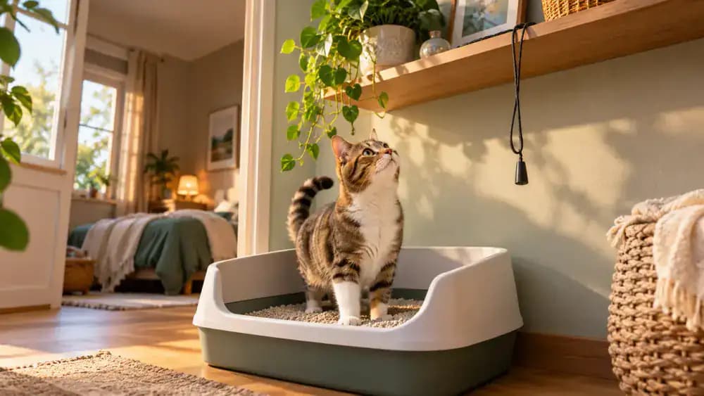 Litter box beneath a wall shelf with loose decorations and a dangling cord, followed by an owner removing unstable objects and securing the cord to create a safer area.