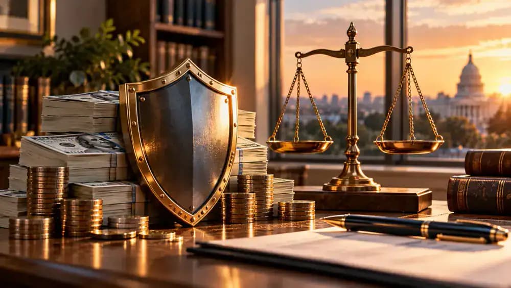Protective shield covering dollar bills beside balanced justice scales symbolizing limits on lending charges.