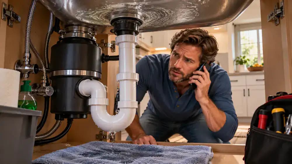Homeowner standing outside an open under-sink cabinet, turning the garbage disposal switch off while a flashlight reveals a moisture bead on an accessible drain connection and the kitchen sink drains slowly above.