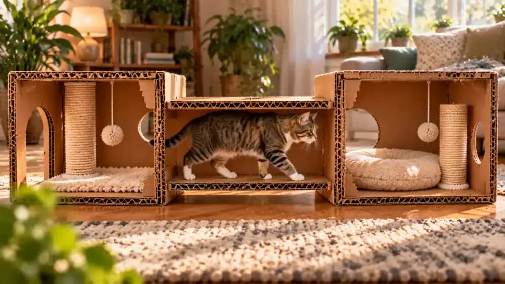 Adult connecting two spacious cardboard chambers with a short, floor-level tunnel, checking supported walls and exterior joints as a tabby walks through the finished passage.