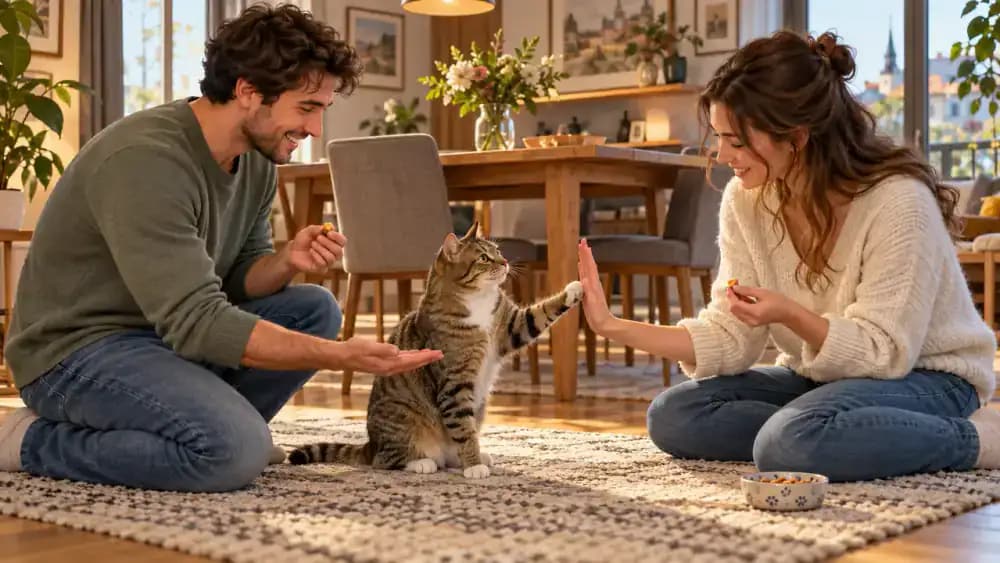 Two adult family members reviewing a cat grooming routine on a tablet in a bright dining room, while a relaxed brown tabby cat voluntarily touches an offered palm and receives a treat.