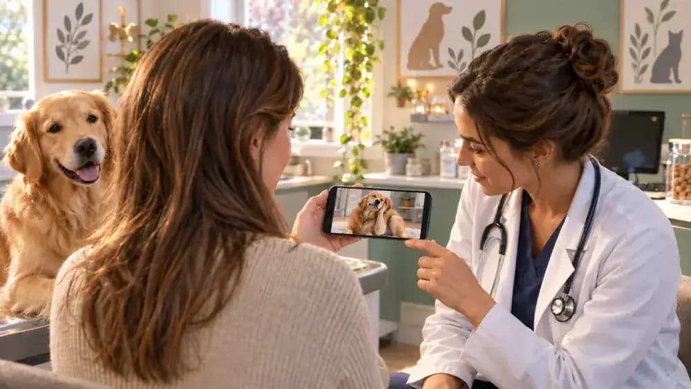 Veterinarian reviewing vaccinations, parasite prevention, dental care, and screening options with a cat owner