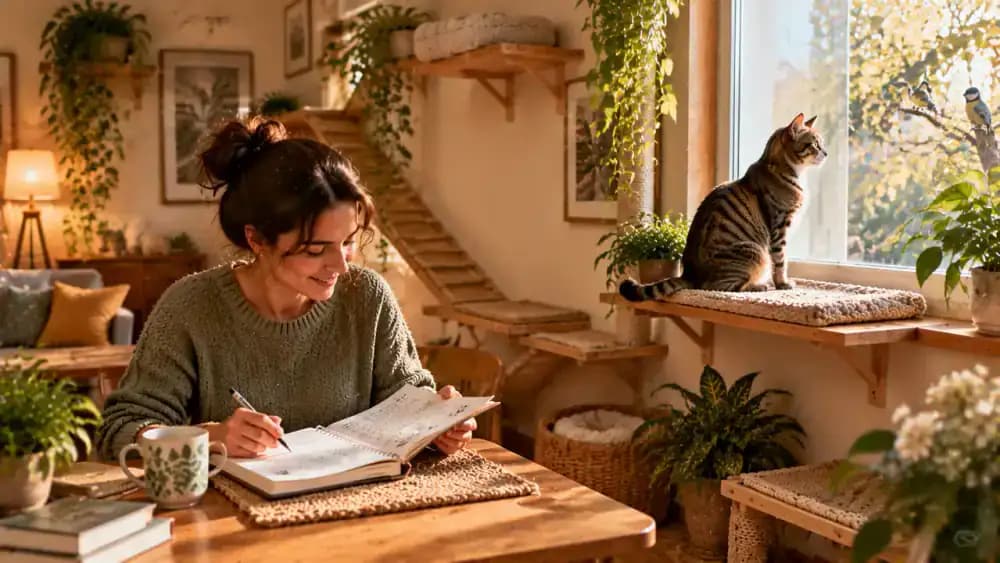 Owner recording observations in a notebook as the cat visits a window-facing platform, explores a middle shelf, and rests in an elevated nook at different times of day.