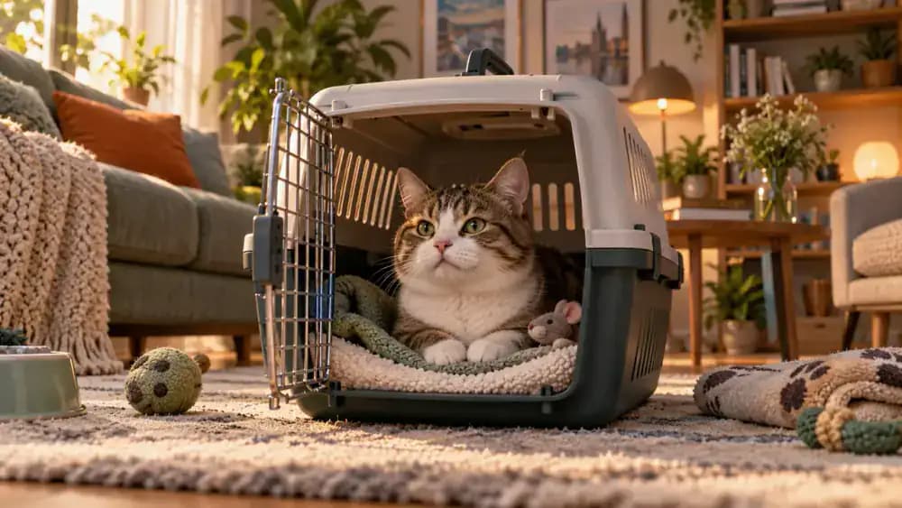 Cat resting voluntarily inside a secure ventilated carrier with familiar bedding and an absorbent liner