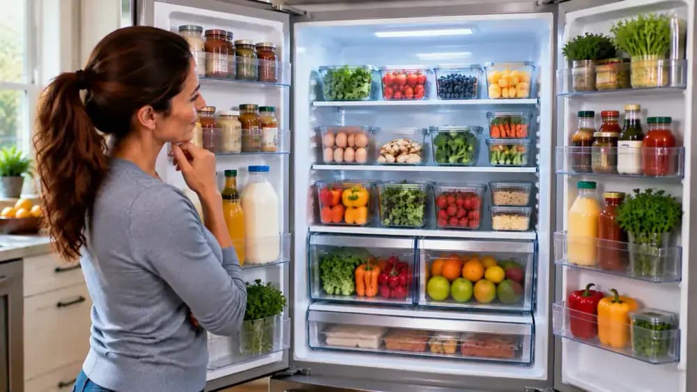 Person reviewing an organized refrigerator interior with labeled containers grouped neatly on shelves and open spaces for airflow