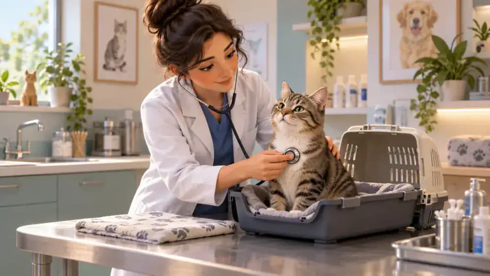 Cat remaining in the lower half of a removable-top carrier during a veterinary examination