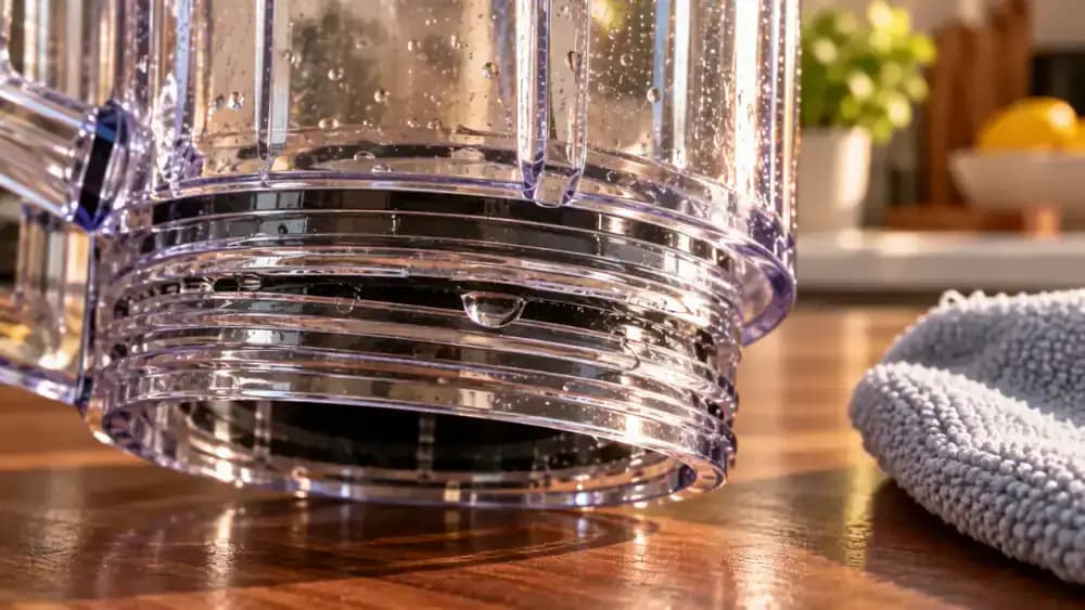 Close-up of an adult using a small inspection light and lint-free cloth to remove a hidden water droplet from the lower threaded groove of a transparent blender jar on a dark walnut countertop, with the gasket, lid, and protected blade assembly nearby.