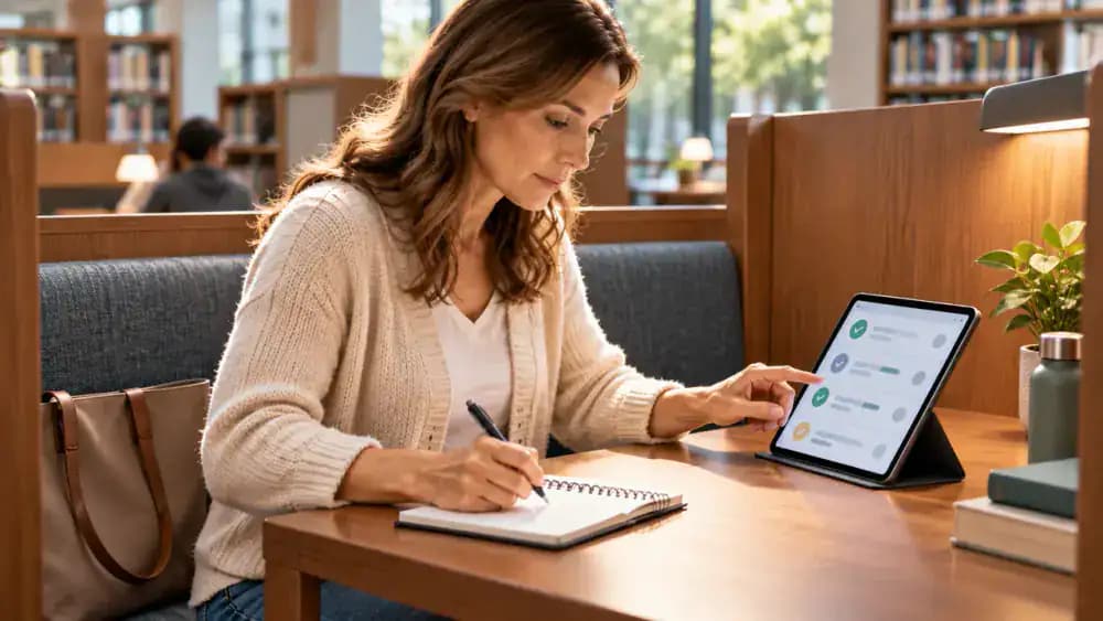 Patient reviewing a fictional specialist appointment portal on a tablet, checking received and pending statuses for visit summaries, lab reports, and imaging access, then recording a follow-up date in a pocket notebook.