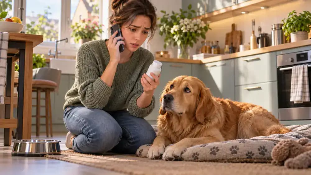 A concerned dog owner speaks with an emergency veterinarian by phone while a medication bottle sits on the kitchen counter and the dog stands nearby.