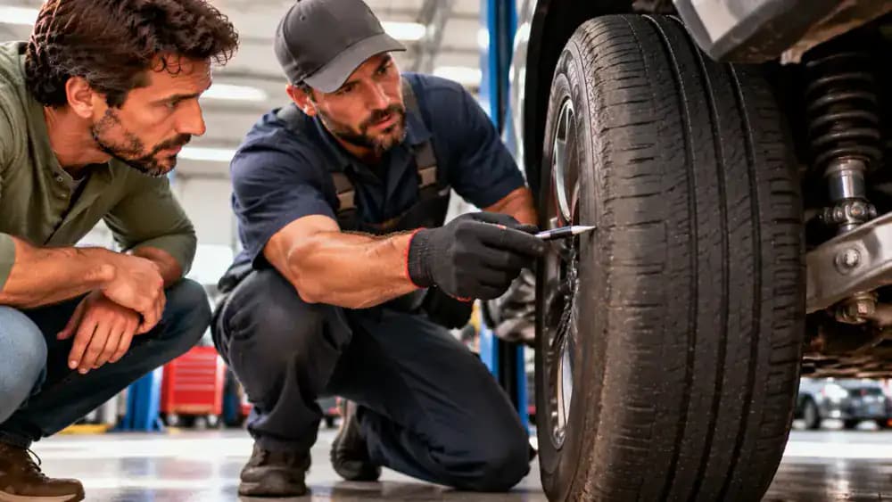 Tire technician kneeling beside a parked SUV's front wheel in a service bay and pointing to uneven wear along the outer tread shoulder while the vehicle owner watches.