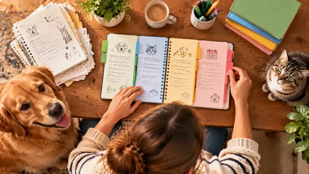 Overhead view of a pet owner organizing a notebook with four labeled sections for treatment history, upcoming tasks, veterinary questions, and supply reminders.