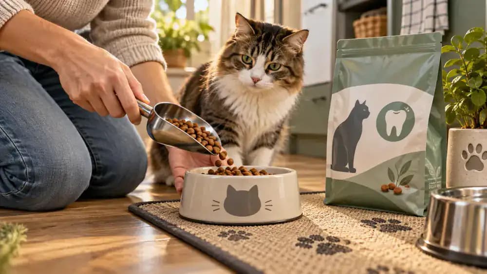 Owner measuring veterinarian-recommended cat dental food into a bowl beside a labeled dental product
