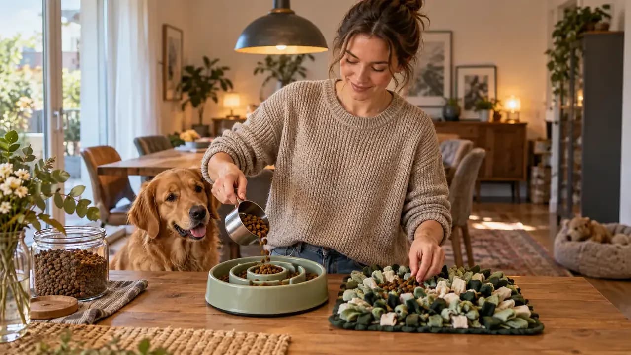 Measured dog meal divided between a spiral slow feeder and a snuffle mat