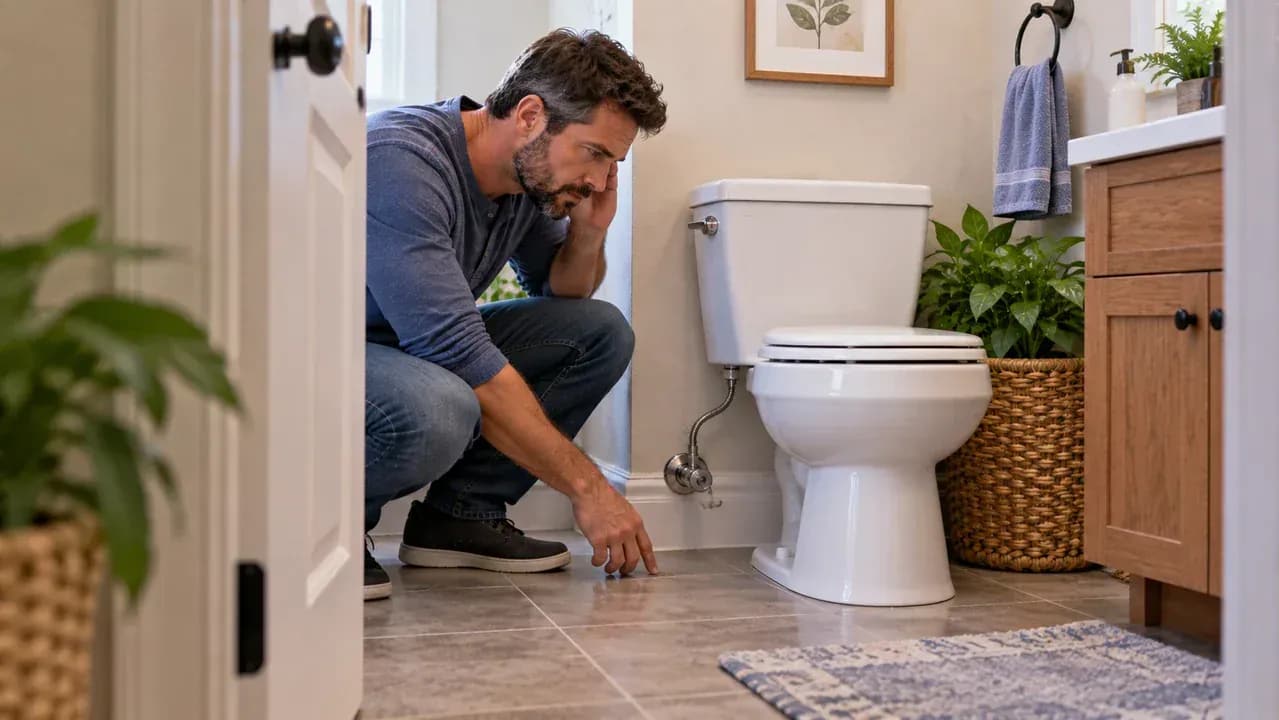 Fully reassembled toilet with the tank lid installed as a homeowner listens for running water, then checks the dry supply connection and floor for leaks, with warning examples of outside water and cracked porcelain.