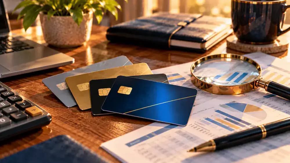 Several credit cards, a magnifying glass, and financial documents representing lender account reviews.