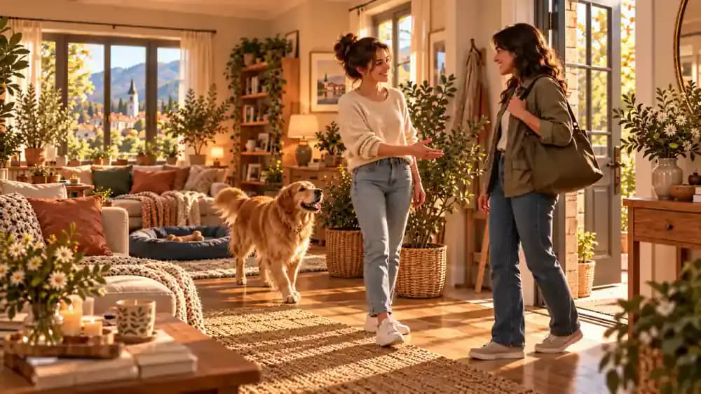 Emma welcomes a familiar dog sitter into her living room as Bailey calmly approaches the sitter seated on a rug, with a leash and dog bed nearby.