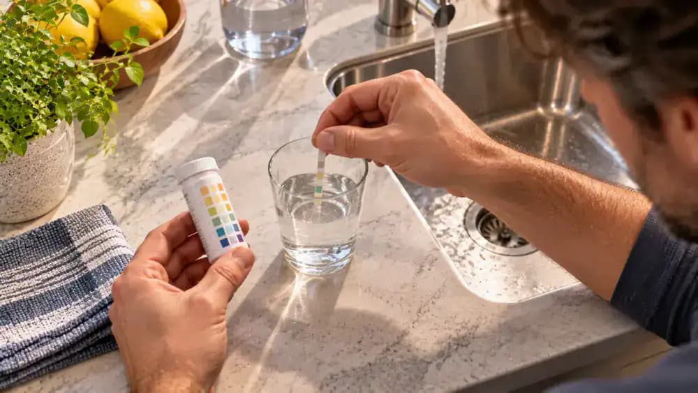 Overhead view of a homeowner testing tap water hardness on a wooden kitchen island using a water sample cup, test strip, and manufacturer's color reference chart, with a stainless steel kitchen sink in the background.