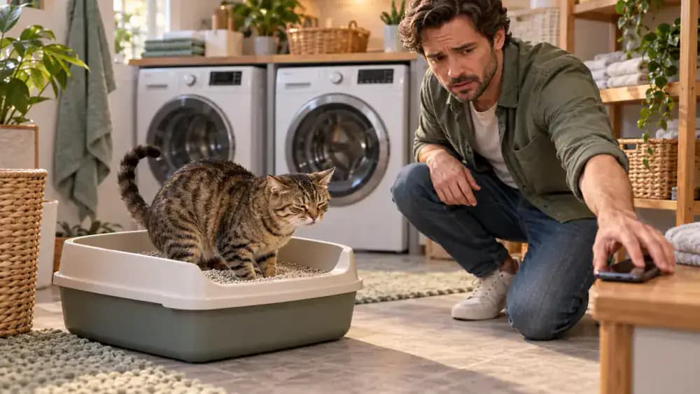 Male tabby cat repeatedly visiting a litter box without producing urine as its owner notices
