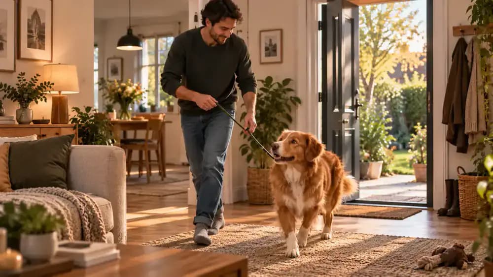 Dog wearing a lightweight indoor house line while being calmly guided