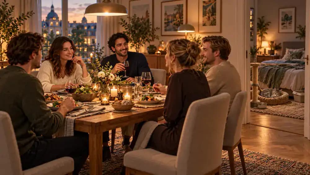 Family dinner gathering with guests seated around a table while a gray tabby rests in a separate quiet bedroom near food, water, and litter facilities as the owner checks from the doorway.