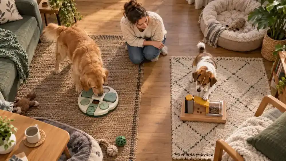 Two dogs solving puzzles differently using nose and paw