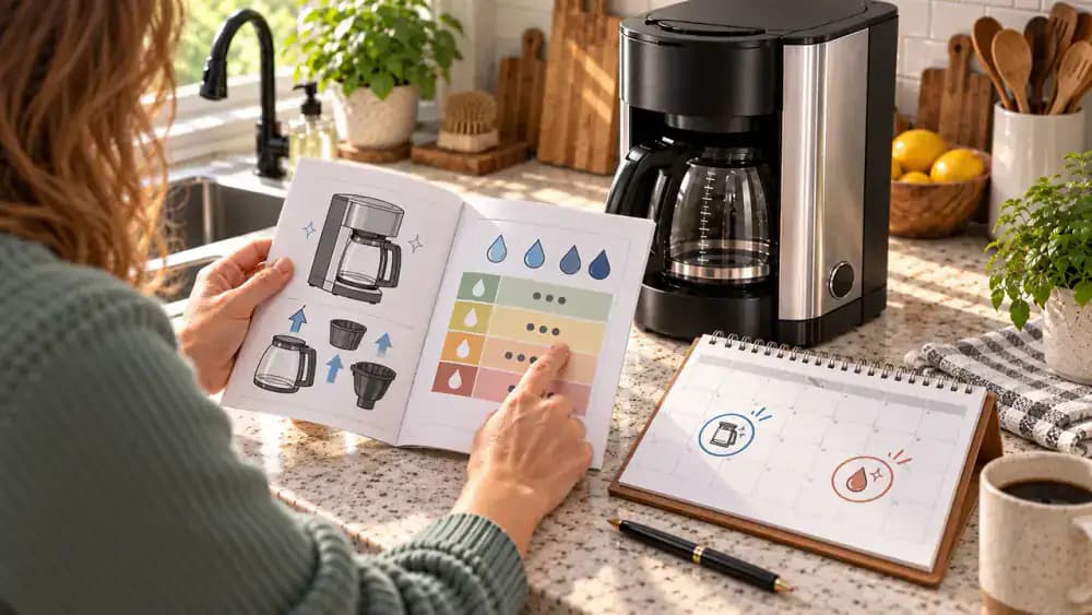 Hand checking a local water hardness report on a tablet, comparing it with a coffee maker manual, and writing separate descaling and cleaning reminders on a wall-mounted kitchen planning board beside the assembled coffee maker.