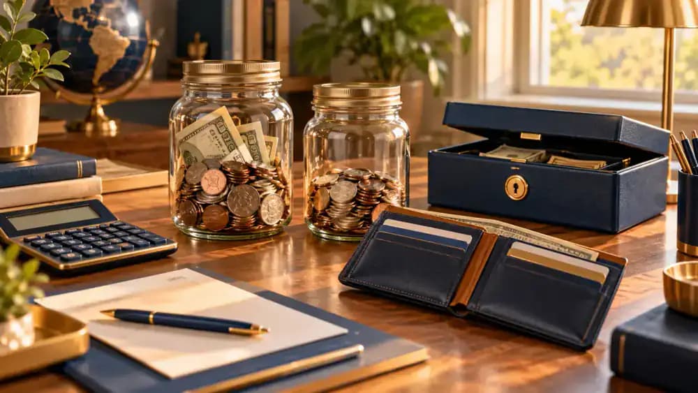 Two separate savings jars beside an open wallet and secure storage box, illustrating accessible and secondary emergency reserves.