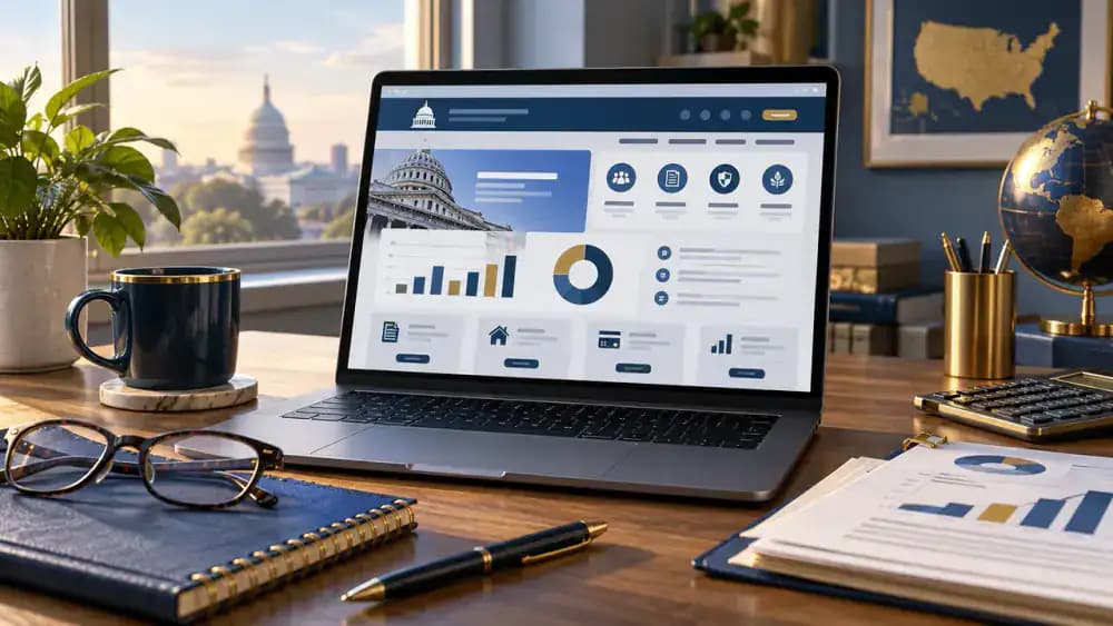 Laptop displaying a neutral financial education resource beside a notebook