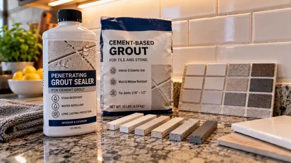 Blue-gloved homeowner reviewing grout installation documents and a penetrating grout sealer label beside a dry cream ceramic kitchen backsplash, comparing cement-based grout sealing requirements with specialty grout guidance.