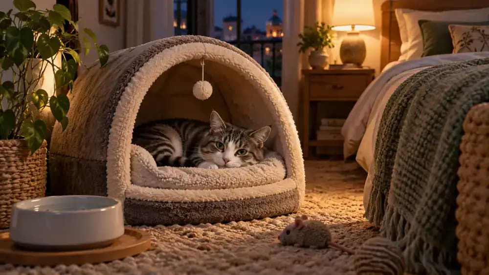 Luna rests in her covered bed while Milo relaxes separately and the owner reviews introduction notes