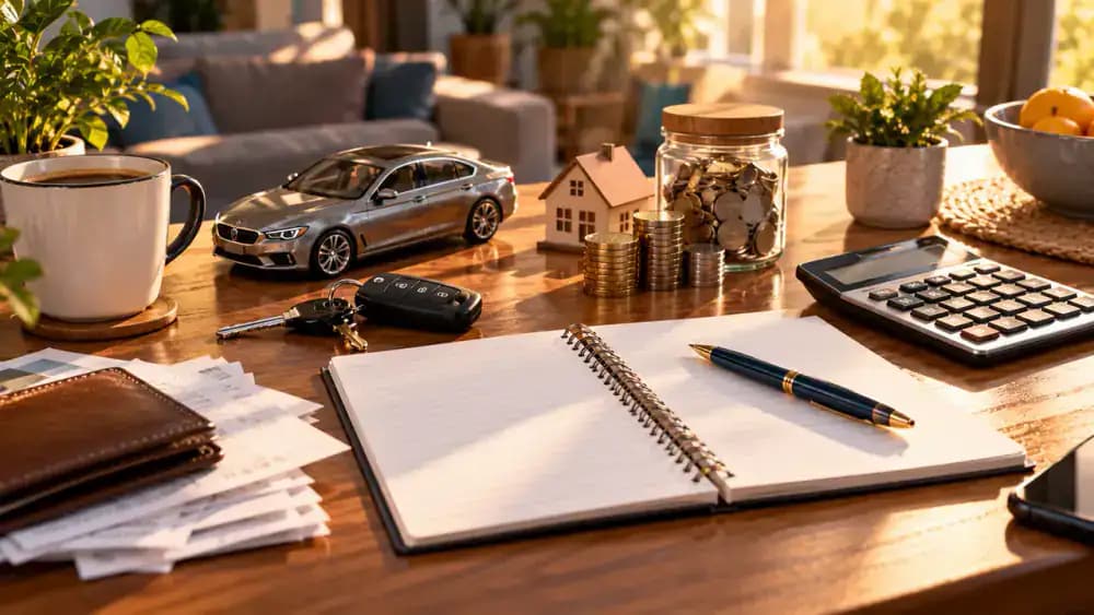 Household budgeting notebook beside car keys, calculator, and a small savings jar.