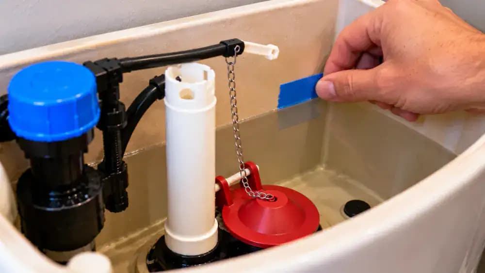 Close-up inside an open white toilet tank showing a removable tape marker aligned with the waterline, with an illustrated 30-minute comparison of unchanged and lowered water levels to check for a possible slow toilet leak.