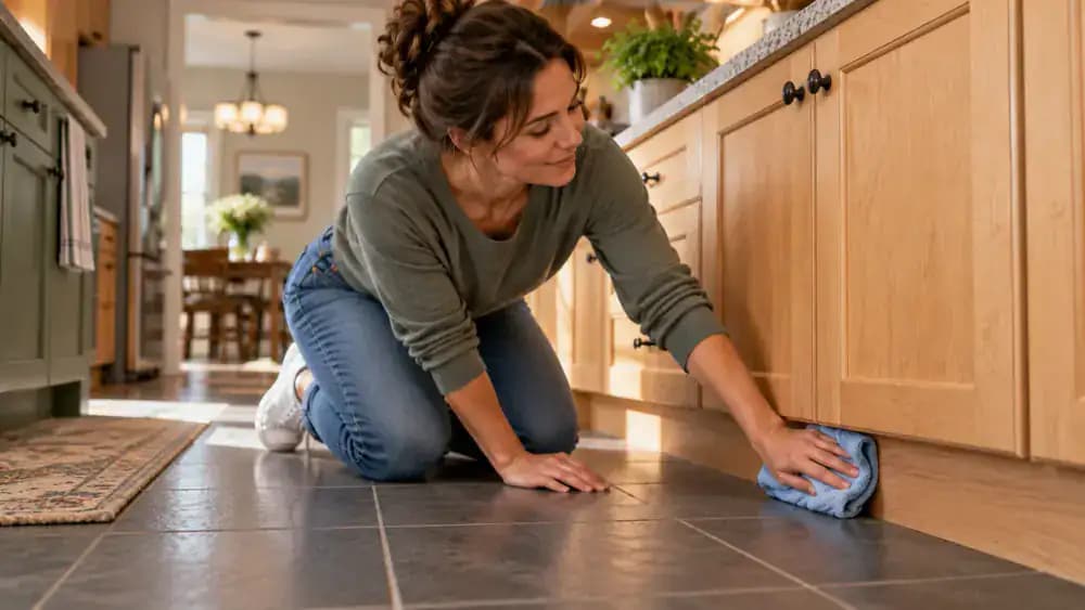 Floor-level close-up of an adult kneeling on a padded mat and gently wiping the sealed caramel-colored beech wood toe kick beneath kitchen cabinets with a blue microfiber cloth, above matte charcoal floor tiles.